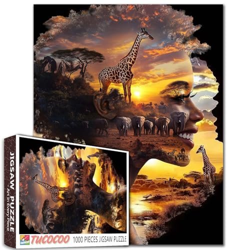Schwarze Frauen Puzzles für Erwachsene Elefant Giraffe Baum des Lebens 1000 Teile Puzzle Kunst Afrika Frau Familienspiel Aktivität Spielabend - Image 1