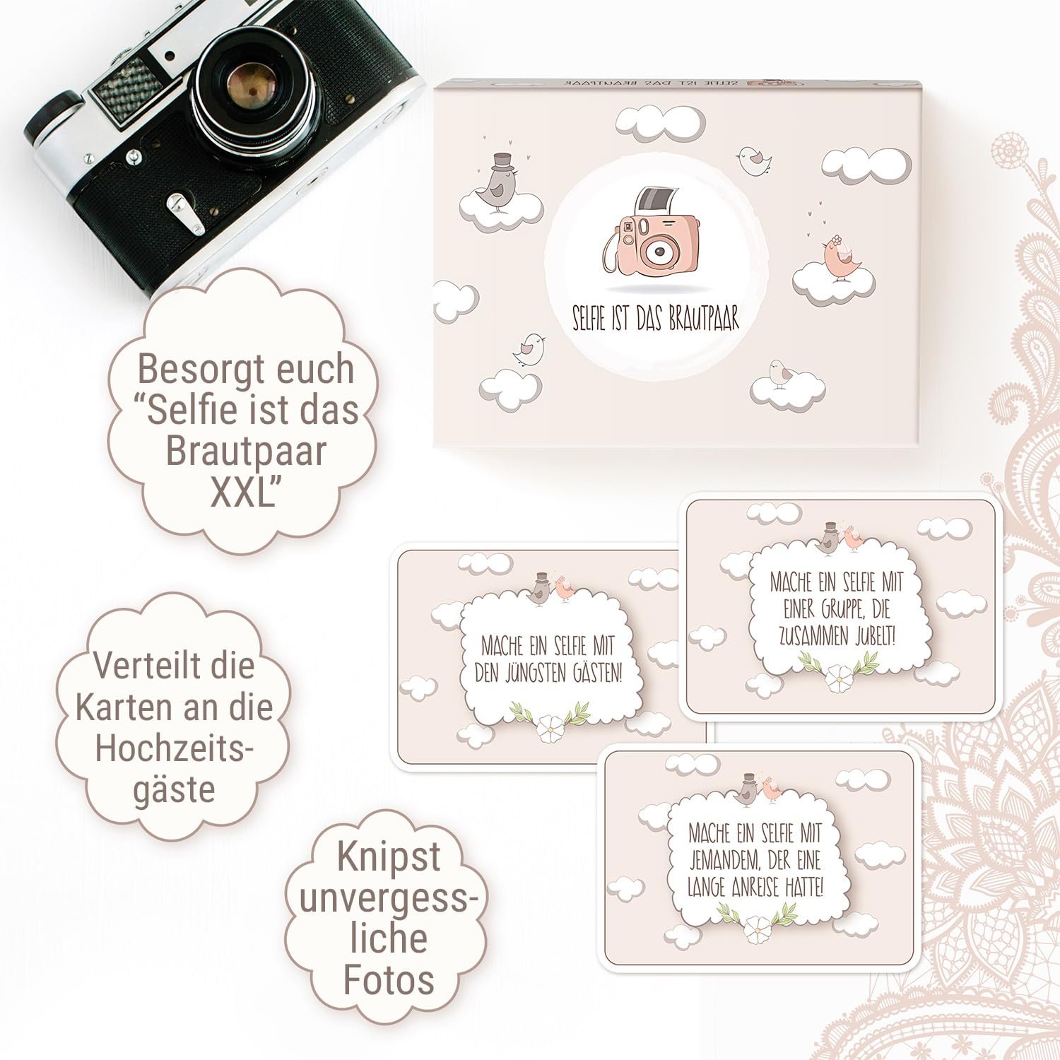 Spielehelden Hochzeitsspiel: Selfie ist das Brautpaar – Box mit kreativen und lustigen Fotoaufgaben – Tolles Spiel für Gäste oder Geschenkidee für das Brautpaar – Eisbrecher für die Hochzeit - Image 3