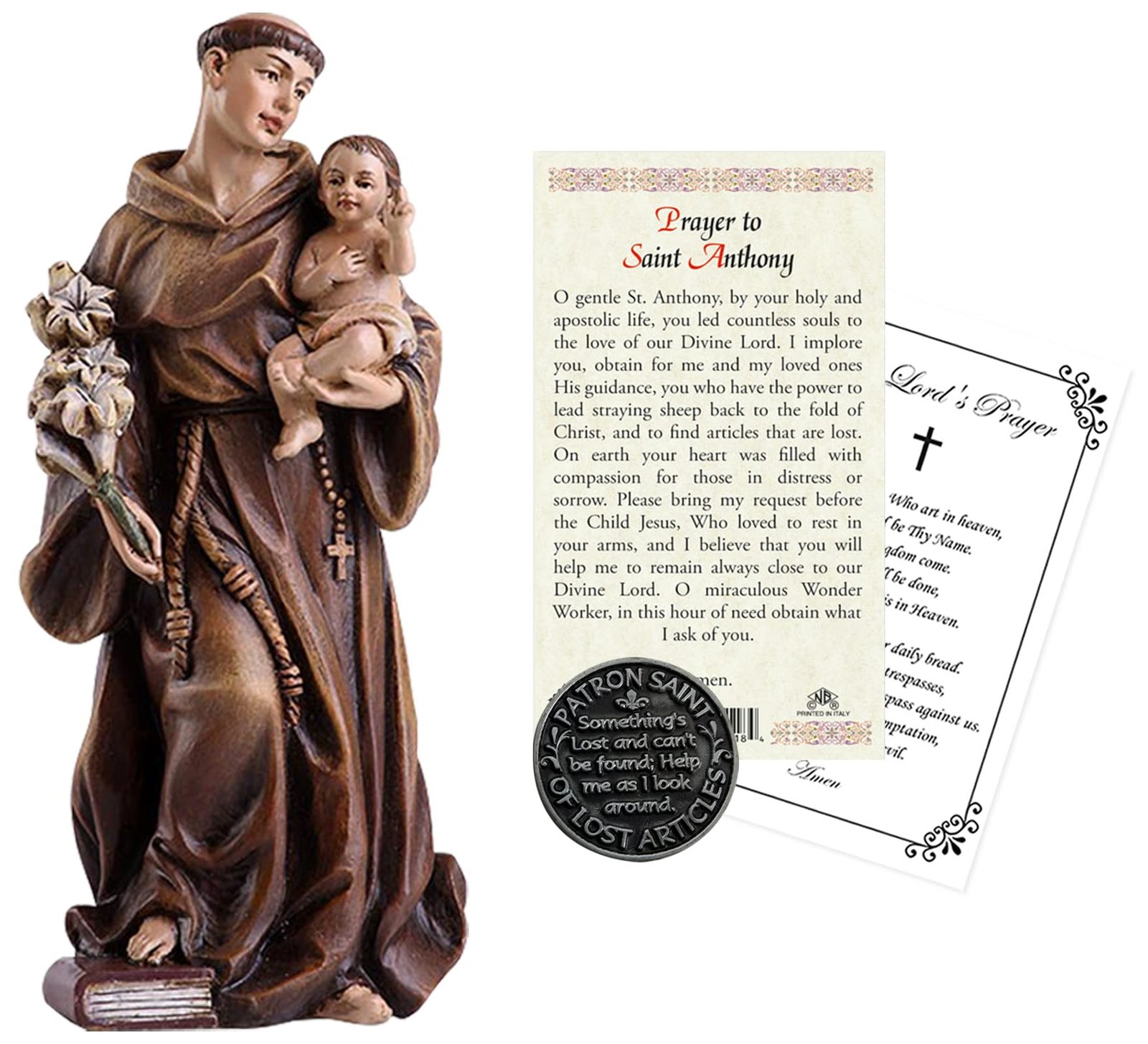 Statue des Heiligen Antonius von Padua (10,2 cm), laminierte Gebetskarte, Heiliger Antonius Taschenmarke, Münze, Gebetskarte des Herrn, Schutzpatron der verlorenen Dinge, 4 Stück - Image 1