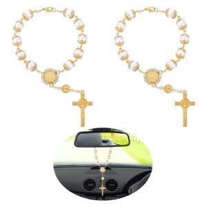 TIESOME 2 Stück Auto Rosenkranz Rückspiegel Auto Rosenkranz Perlen mit Kreuz und Medaille Hängende Zubehör für Inneneinrichtung (Gold) - Image 1