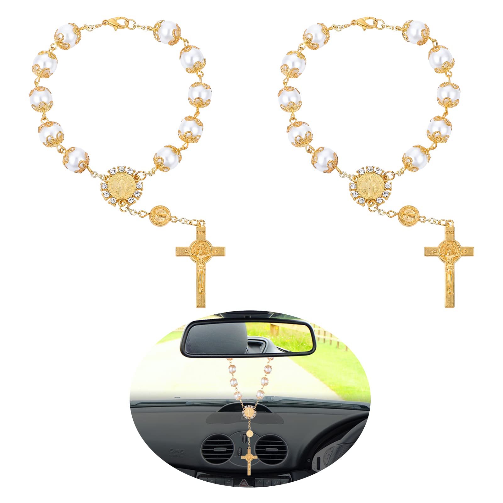 TIESOME 2 Stück Auto Rosenkranz Rückspiegel Auto Rosenkranz Perlen mit Kreuz und Medaille Hängende Zubehör für Inneneinrichtung (Gold) - Image 1