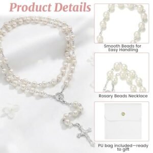 TIHNY Katholischer Rosenkranz Weiß, Halskette mit 80cm Glasperlen und Kruzifix-Anhänger, Unisex Gebetskette für Damen und Herren, Inklusive Geschenbbeutel - Image 5