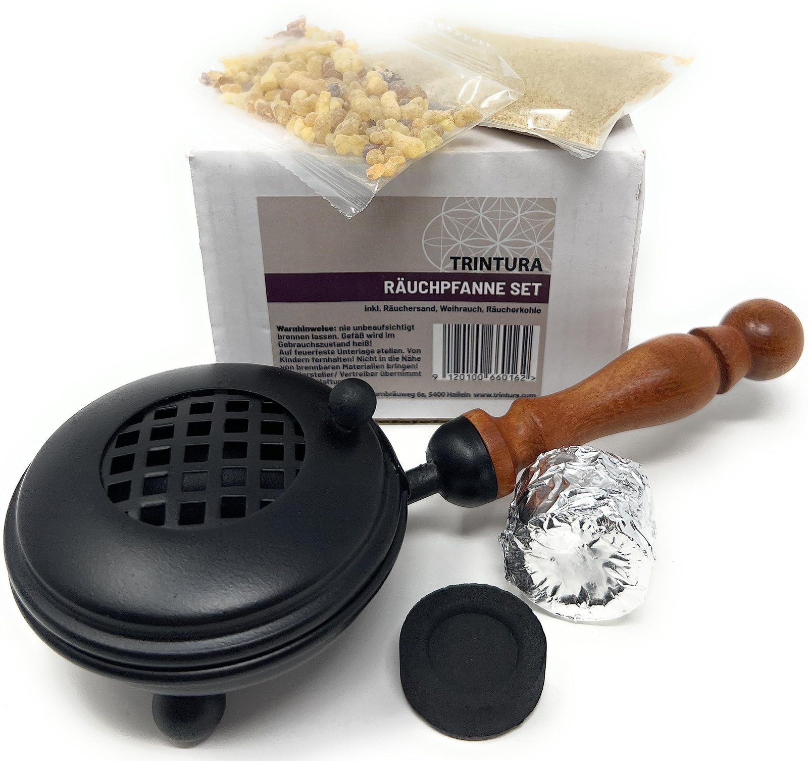 TRINTURA Räucherpfanne Set - Räuchergefäß zum Räuchern von Weihrauch, Harzen, inkl. Weihrauch, Räucherkohle, Räuchersand (Set 4tlg schwarz) - Image 1