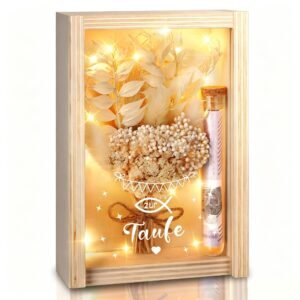 Taufe Geschenk, Geldgeschenk Taufe für Mädchen und Jungen, inklusive Getrocknete Blumen, Holzbox, Kunststoff Reagenzglas, Lichterketten, Geldgeschenke Verpackung (Beige) - Image 1