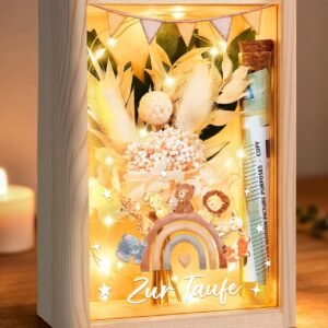 Taufgeschenke für Mädchen Jungen, Geldgeschenke Verpackung Taufe, inklusive Holzbox+Trockenblumen+LED Lichterkette+Reagenzglas+Taufkarte, Kreative Geschenke zur Taufe - Image 1