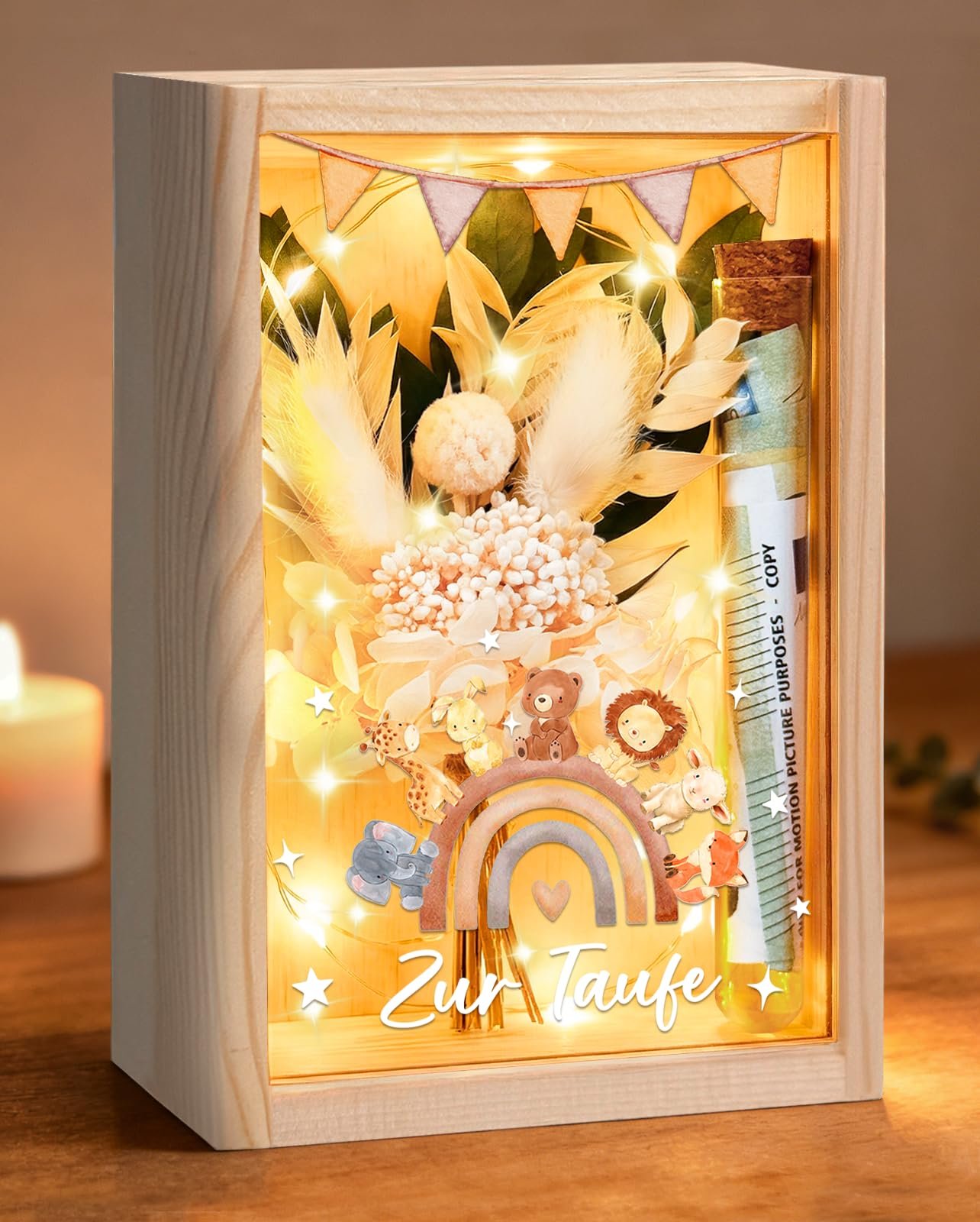 Taufgeschenke für Mädchen Jungen, Geldgeschenke Verpackung Taufe, inklusive Holzbox+Trockenblumen+LED Lichterkette+Reagenzglas+Taufkarte, Kreative Geschenke zur Taufe - Image 1