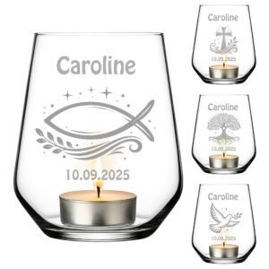 Teelicht mit Gravur - Personalisiertes Geschenk zur Konfirmation für Mädchen & Jungen - Windlicht Geschenkidee für Firmung, Kommunion & Jugendweihe - Teelichthalter zur Taufe selbst gestalten - Image 1