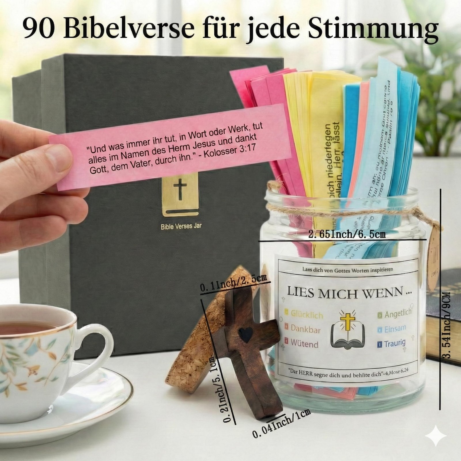 Toposense Bibelverse im Glas Deutsch mit Walnussholz Taschenkreuz –Christliche Geschenke & Achtsamkeitsglas –Sinnvolles Aufmunterungsgeschenk zur Konfirmation, Taufe & Ostern–90 Bibelvers-Karten - Image 3