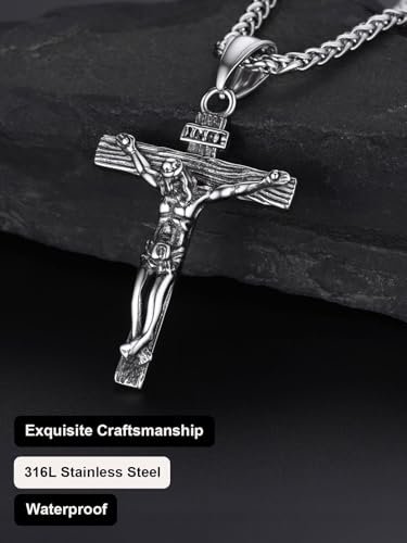 U7 Kreuz Kette Edelstahl INRI Kruzifix Jesus Christus Anhänger mit 50+5cm Weizenkette Katholischen Christian Modeschmuck für Damen Herren, Silber - Image 9