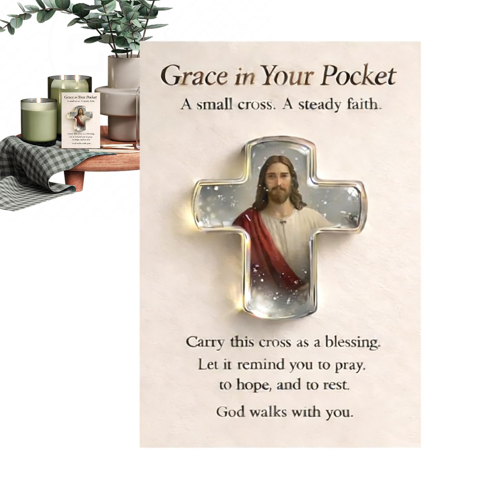 Veasbuu Mini-Taschenkreuz – Andachtszeichen aus Acryl, christliches 2D-Andenken mit leichtem Design, Glaubenserinnerung, Ornament mit spiritueller Inschrift, tragbares Accessoire für Gebet, Meditation - Image 1