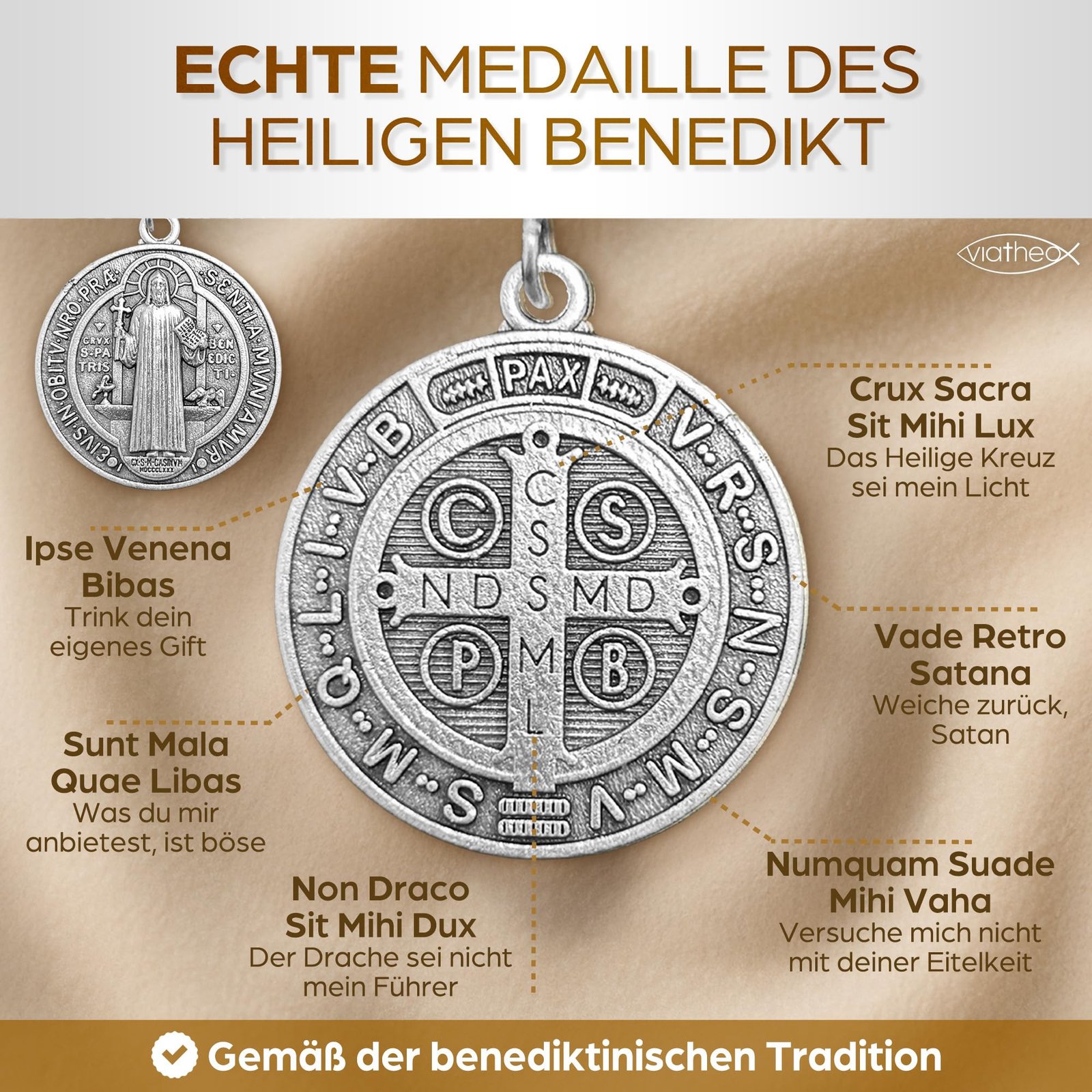 Viatheo® Benediktus Medaille Silberfarben - Christliche Heiligenmedaille mit Gravur - Wundertätiges Amulett mit Benediktus-Segen - Halskette mit Heiliger Benedikt Medaille für Schutz & Glaube - Image 2