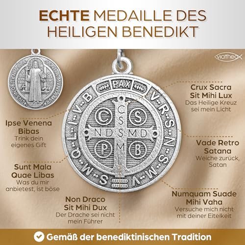 Viatheo® Benediktus Medaille Silberfarben - Christliche Heiligenmedaille mit Gravur - Wundertätiges Amulett mit Benediktus-Segen - Halskette mit Heiliger Benedikt Medaille für Schutz & Glaube - Image 4