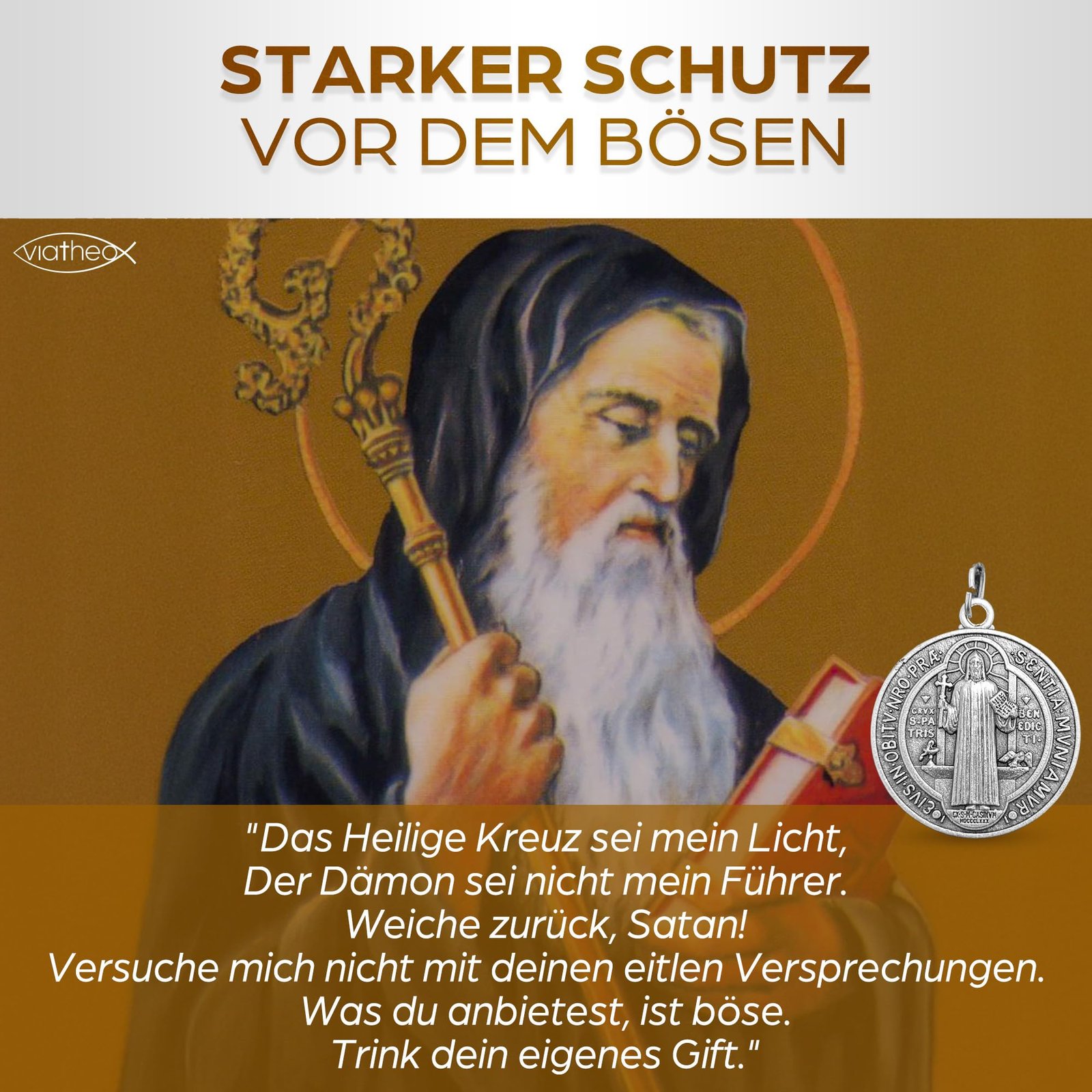 Viatheo® Benediktus Medaille Silberfarben - Christliche Heiligenmedaille mit Gravur - Wundertätiges Amulett mit Benediktus-Segen - Halskette mit Heiliger Benedikt Medaille für Schutz & Glaube - Image 5