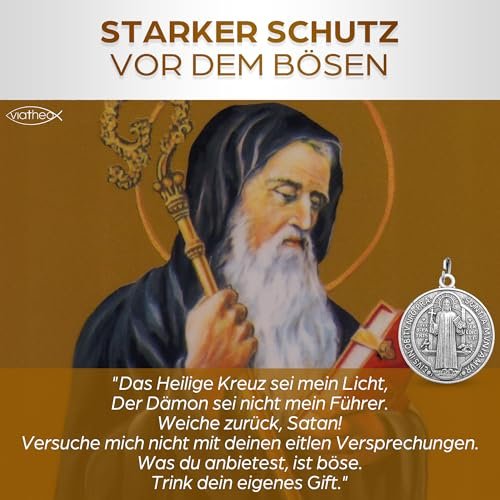 Viatheo® Benediktus Medaille Silberfarben - Christliche Heiligenmedaille mit Gravur - Wundertätiges Amulett mit Benediktus-Segen - Halskette mit Heiliger Benedikt Medaille für Schutz & Glaube - Image 7
