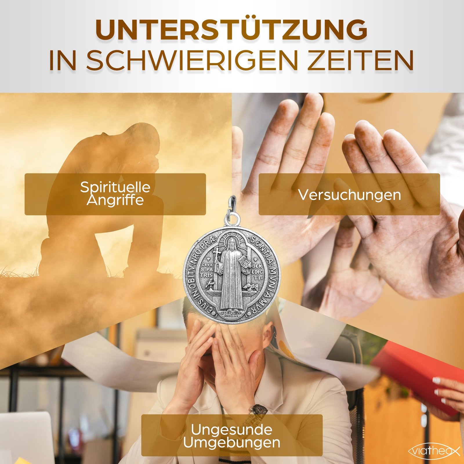Viatheo® Benediktus Medaille Silberfarben - Christliche Heiligenmedaille mit Gravur - Wundertätiges Amulett mit Benediktus-Segen - Halskette mit Heiliger Benedikt Medaille für Schutz & Glaube - Image 8