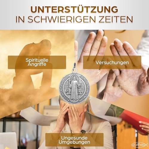 Viatheo® Benediktus Medaille Silberfarben - Christliche Heiligenmedaille mit Gravur - Wundertätiges Amulett mit Benediktus-Segen - Halskette mit Heiliger Benedikt Medaille für Schutz & Glaube - Image 9