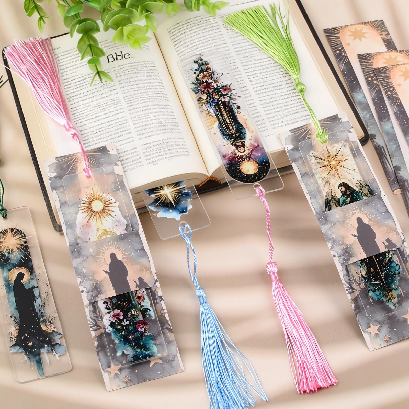 WANDIC 24 Stück Jesus-Themen-Buch Acryl-Lesezeichen mit UV-DTF-Transfer-Aufklebern, Handarbeit, Scrapbooking-Zubehör mit Quasten für Tagebuch-Geschenke - Image 3