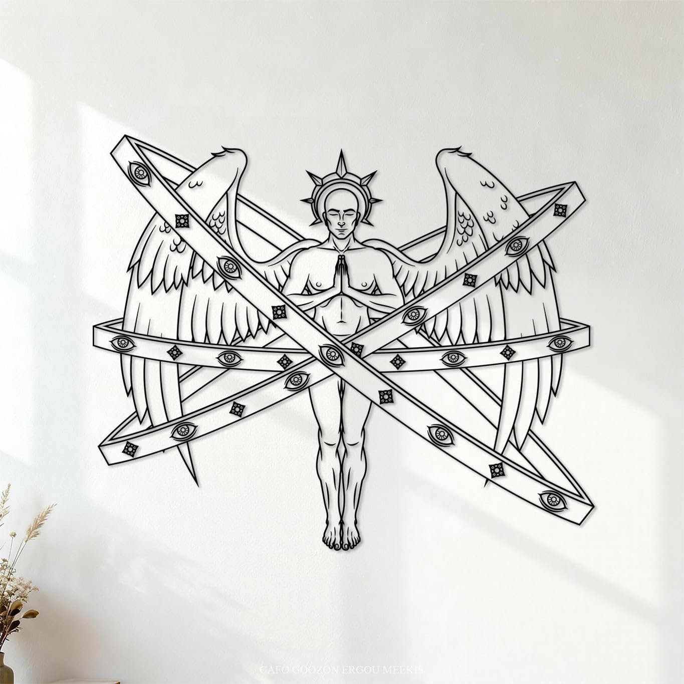 Wandaufkleber aus Papier Darstellung eines betenden Engels mit Reifen, Engelsthron der katholischen Religion, Erzengel mit Heiligenschein 65.6x79.2cm Selbstklebend Schwarz - Image 1