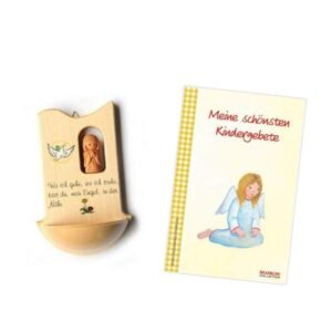Weihkessel aus Holz mit TONENGEL – kindgerechtes WEIHBECKEN mit Spruch „Wo ich gehe…“ – TAUFKESSEL für Kinder – Geschenk zur Taufe & Kommunion – inkl. GEBETSBÜCHLEIN – MaMeMi - Image 1