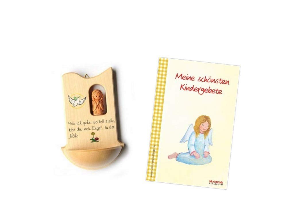 Weihkessel aus Holz mit TONENGEL – kindgerechtes WEIHBECKEN mit Spruch „Wo ich gehe…“ – TAUFKESSEL für Kinder – Geschenk zur Taufe & Kommunion – inkl. GEBETSBÜCHLEIN – MaMeMi - Image 1