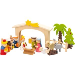 Weihnachtskrippe - Holz handbemalt - 18 Teile - mit Weihnachtsbaum – Krippenspiel für Kinder – farbenfrohe Deko & Geschenkidee - Stall mit Stern, Heilige Drei Könige, Maria & Josef, Ochs & Esel - Image 1