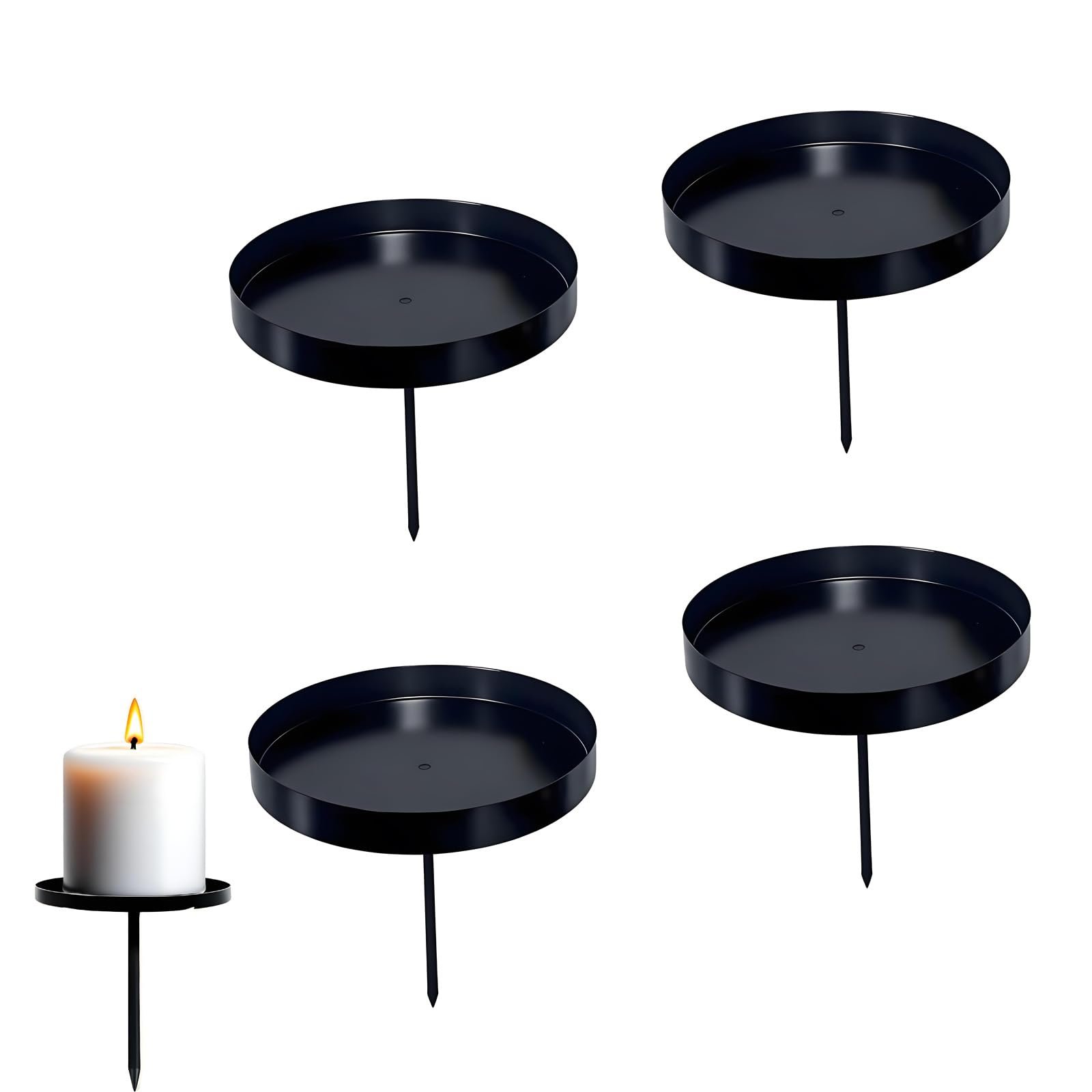 WertFix Kerzenhalter Adventskranz Set, 4er Set Metall Schwarz für Stumpenkerzen - 8cm Wachsfänger Teller - Rustikale Weihnachts Deko für Tischdekoration und Adventsgesteck (Schwarz) - Image 1