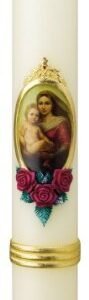 Wiedemann Marienkerze 40 x 6 cm Maria mit Jesuskind, Handverziert mit Wachsplatten und Wachsborden, Unparfümiert - Image 1