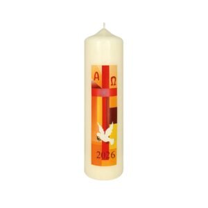 Wiedemann Osterkerze Kreuz Orange/Rot mit Taube und A und O mit aktueller Jahreszahl 220 x Ø 60 mm - Image 1