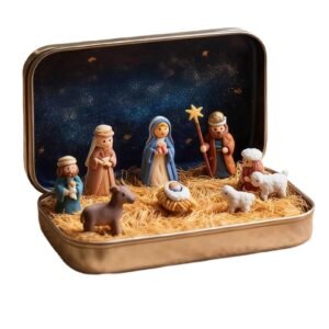 Wuyooprt Mini Weihnachtskrippe Figuren Set in Einer Blechdose, Miniatur Krippen Figuren,Klassischen Design mit Heilige Familie, Hirte und Jesus Figurens, Weihnachten Tisch Dekoration Krippe Zubehör - Image 1
