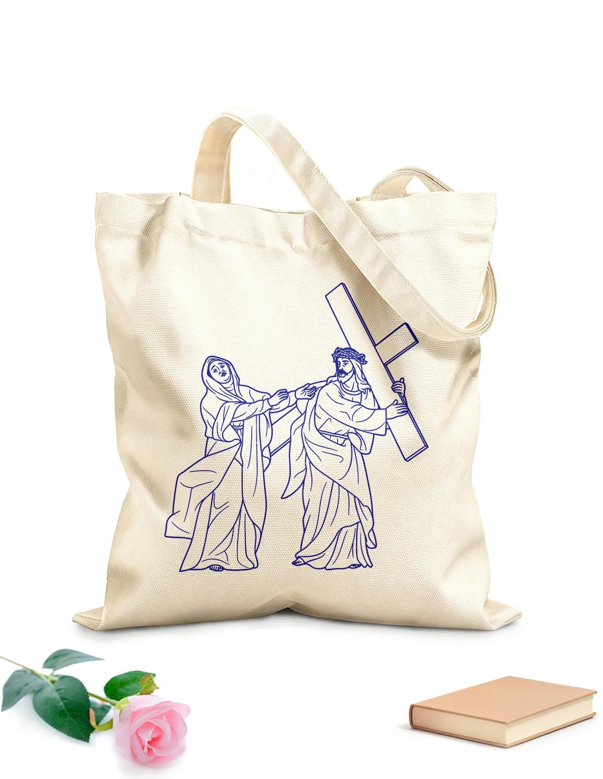 XIARON Damentaschen aus Baumwoll-Canvas 4. Station des Kreuzwegs: Jesus Christus begegnet seiner Mutter Maria (Übersicht) 340g/m² dickes Gewebe Hautfreundliches Material M Dunkelblau - Image 1