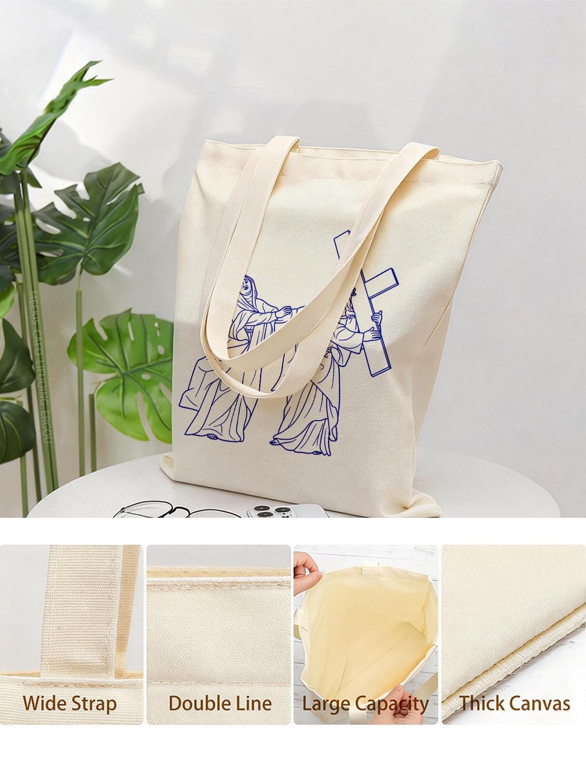XIARON Damentaschen aus Baumwoll-Canvas 4. Station des Kreuzwegs: Jesus Christus begegnet seiner Mutter Maria (Übersicht) 340g/m² dickes Gewebe Hautfreundliches Material M Dunkelblau - Image 3