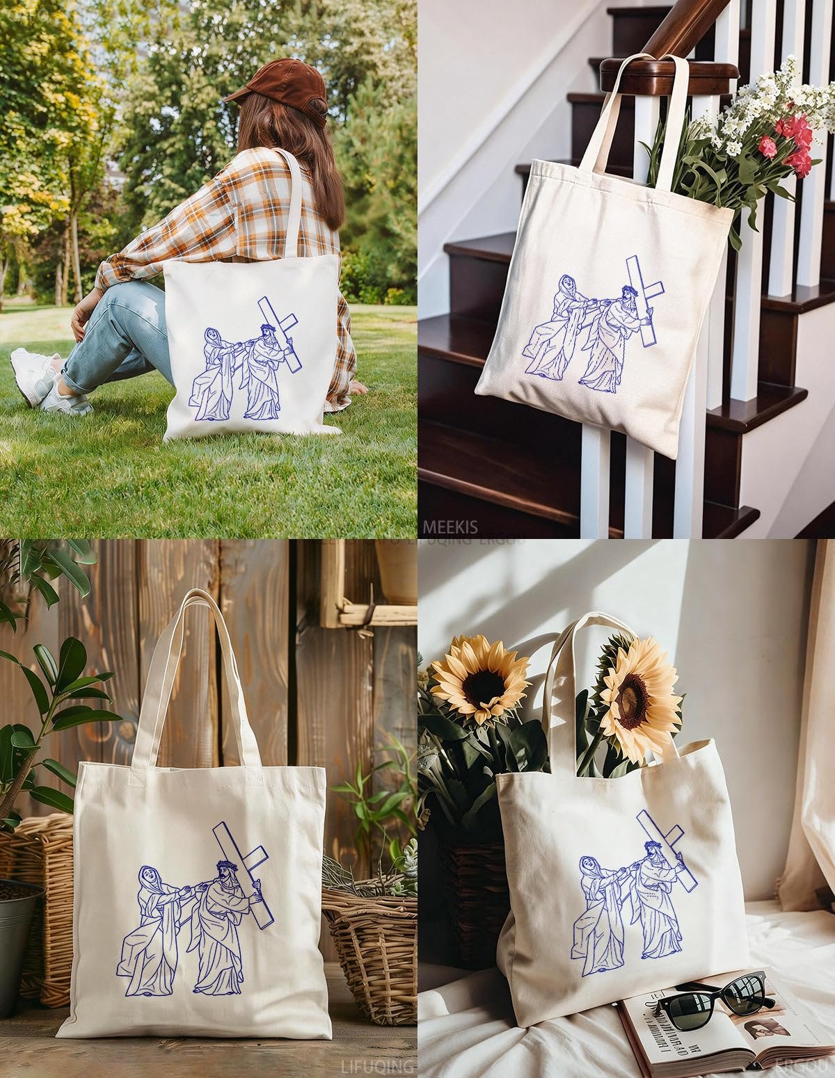 XIARON Damentaschen aus Baumwoll-Canvas 4. Station des Kreuzwegs: Jesus Christus begegnet seiner Mutter Maria (Übersicht) 340g/m² dickes Gewebe Hautfreundliches Material M Dunkelblau - Image 4