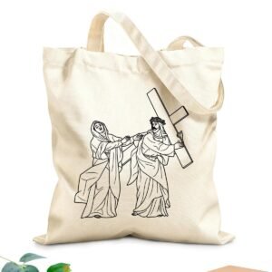 XIARON Damentaschen aus Baumwoll-Canvas 4. Station des Kreuzwegs: Jesus Christus begegnet seiner Mutter Maria (Übersicht) 340g/m² dickes Gewebe Hautfreundliches Material M Schwarz - Image 1