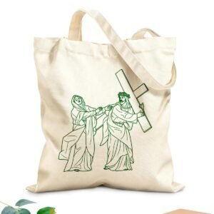 XIARON Handtaschen aus Polyester-Baumwolle 4. Station des Kreuzwegs: Jesus Christus begegnet seiner Mutter Maria (Übersicht) 340g/m² dickes Gewebe Auch als Kosmetiktasche verwendbar M Grün - Image 1