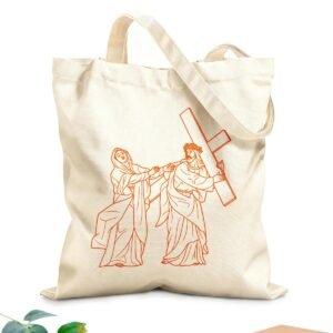 XIARON Tragetasche mit Gurtband 4. Station des Kreuzwegs: Jesus Christus begegnet seiner Mutter Maria (Übersicht) 340g/m² dickes Gewebe Skizzentasche M Orange - Image 1