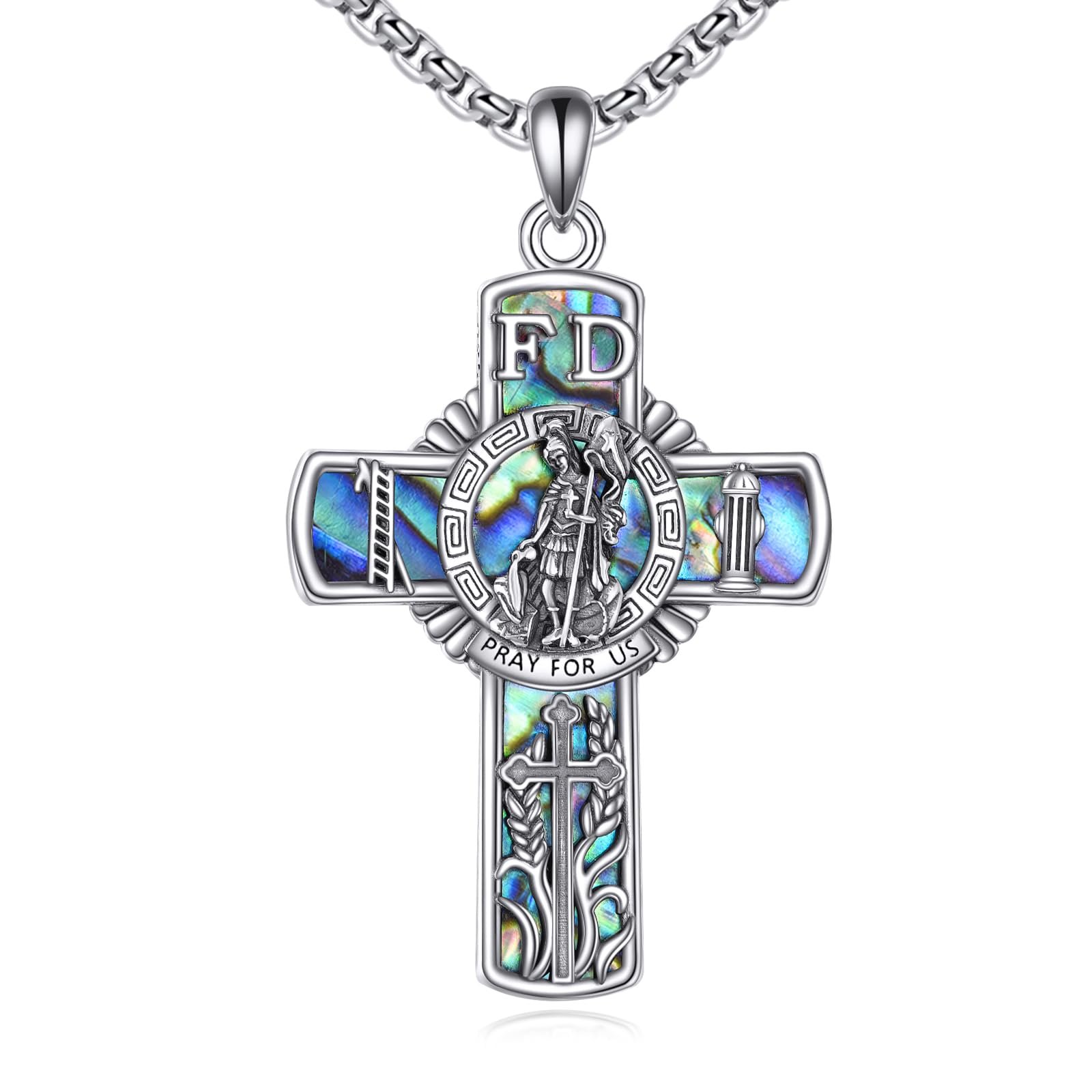 YFN Heiliger Florian Kreuz Halskette Sterling Silber Religiöser Beschützer Anhänger St. Florian Schmuck Feuerwehr Geschenke für Damen Herren - Image 1