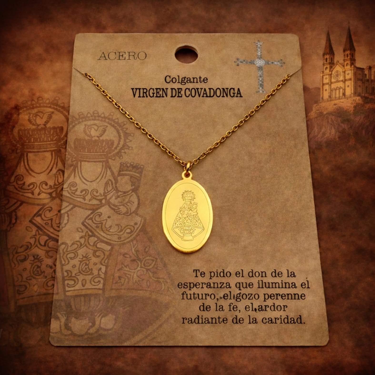 cotigo Covadonga Anhänger Jungfrau aus Edelstahl, die Heilige Patronin von Asturien, religiöse Schutzmedaille, Glaube und Hoffnung, katholisches Geschenk für Mann und Frau, Mediano-largo, Edelstahl - Image 4