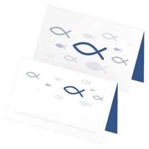 itenga 24 x Tischkarten Platzkarten Namensschild Fisch Kommunion Taufe Konfirmation Jungen Mädchen (weiß blau) - Image 1