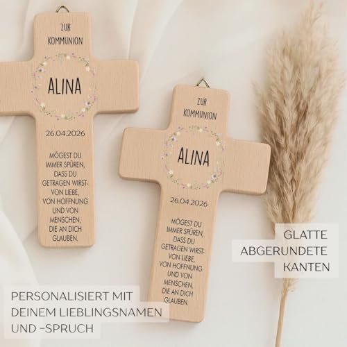 minimutz Personalisiertes Holzkreuz zur Kommunion, Kommunionsgeschenk Wandkreuz mit Namen, Datum & Segensspruch, Geschenk Patenkind Enkel (Kommunion Blumen) - Image 10