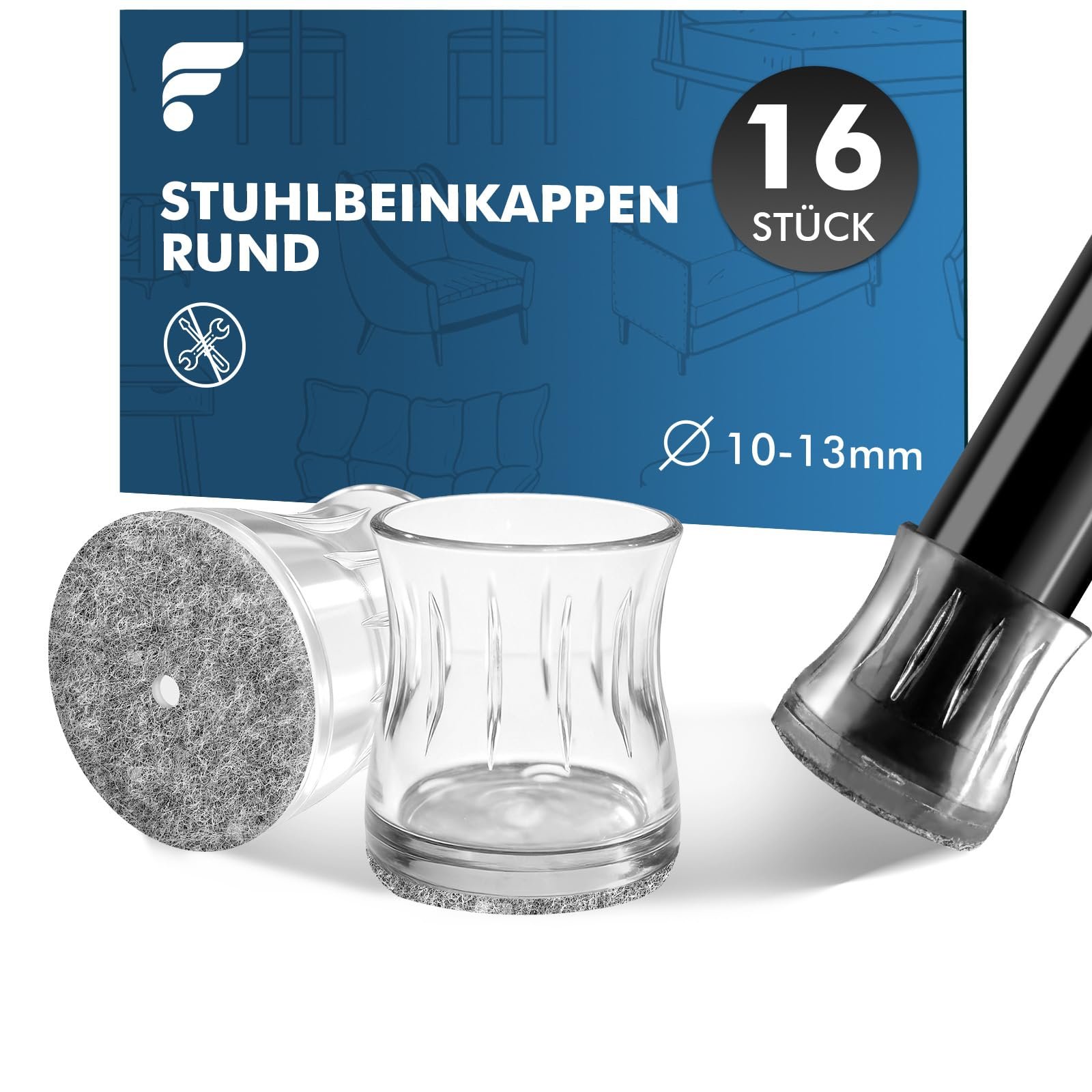 shinfly 16 Stück Stuhlbeinkappen Rund mit Filz – 10-13mm Chair Leg Caps Klein, Stuhlbeinschoner für Metallstühle, Schutzkappen für Stuhlbeine, Verschleißfest & Geräuscharm, Gleitet Reibungslos - Image 1