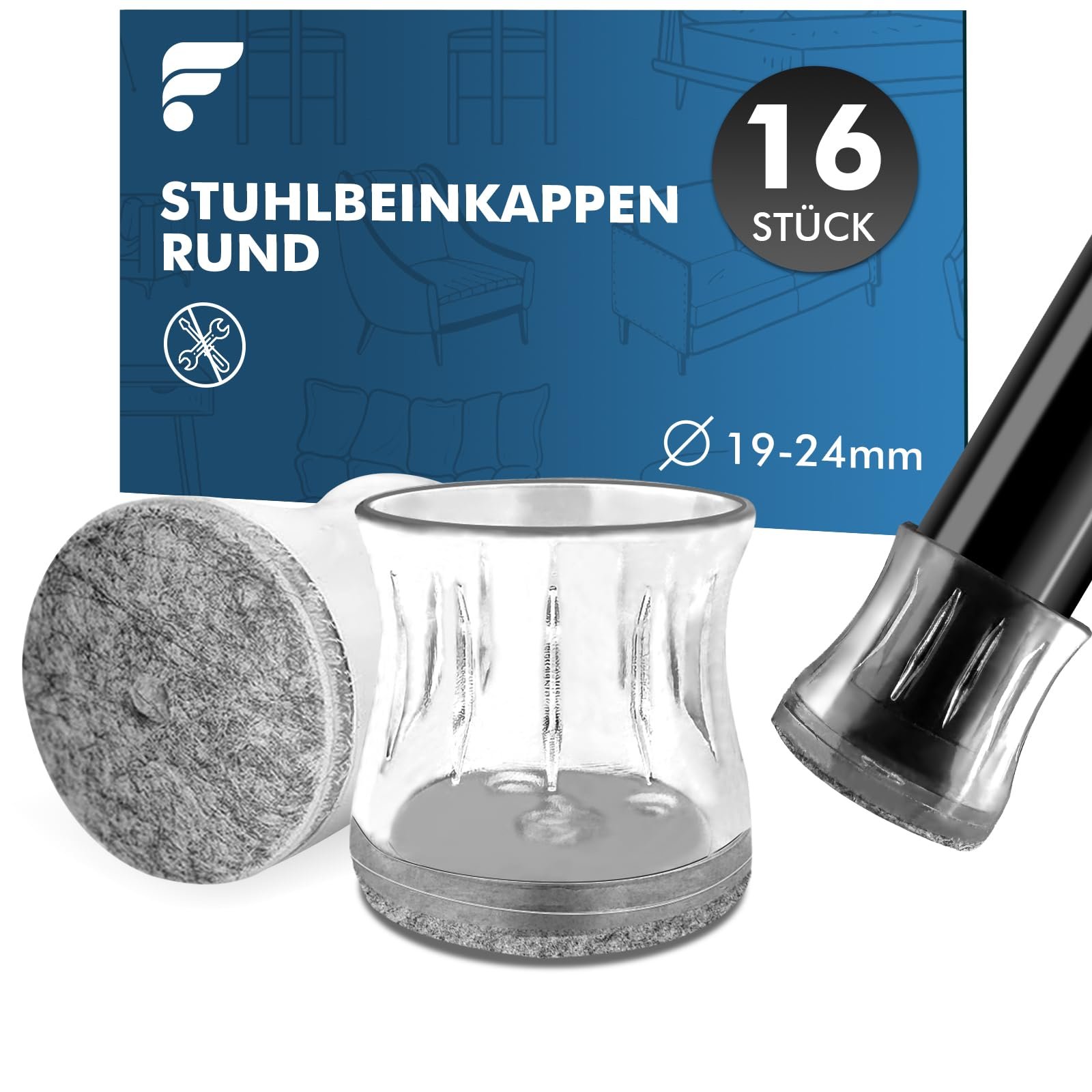shinfly 16 Stück Stuhlbeinkappen Rund mit Filz – Ø19-24mm Chair Leg Caps Mittel, Stuhlbeinschoner für Metallstühle, Schutzkappen für Stuhlbeine, Verschleißfest & Geräuscharm, Gleitet Reibungslos - Image 1